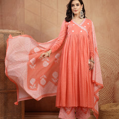 Kimayra Cotton Calf Length Printed 3/4 Sleeve V-Neck Flared Kurta Suit Set