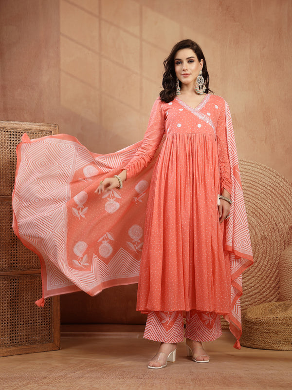 Kimayra Cotton Calf Length Printed 3/4 Sleeve V-Neck Flared Kurta Suit Set