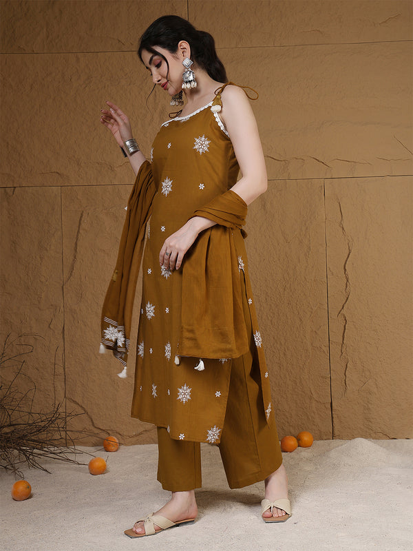 Kimayra Rayon Calf Length Printed Sleeveless Round Neck Straight Kurta Suit Set