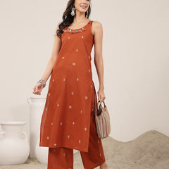 Kimayra Cotton Calf Length Solid Sleeveless Round Neck Straight Kurta Suit Set