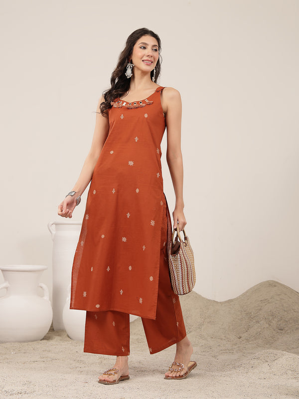 Kimayra Cotton Calf Length Solid Sleeveless Round Neck Straight Kurta Suit Set