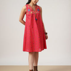 Kimayra Cotton Mid Length Printed Sleeveless V-Neck Flared Dress