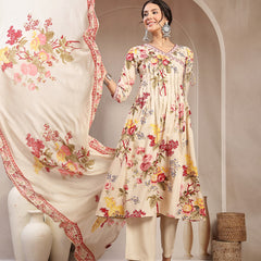 Kimayra Cotton Calf Length Printed 3/4 Sleeve V-Neck Flared Kurta Suit Set