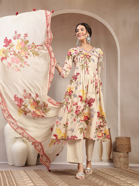 Kimayra Cotton Calf Length Printed 3/4 Sleeve V-Neck Flared Kurta Suit Set
