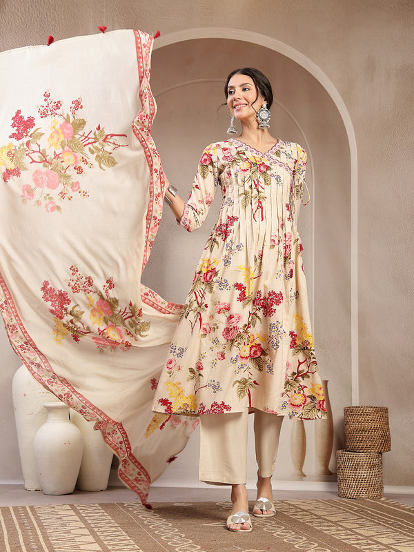 Kimayra Cotton Calf Length Printed 3/4 Sleeve V-Neck Flared Kurta Suit Set