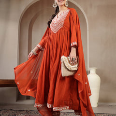 Kimayra Cotton Calf Length Solid 3/4 Sleeve Round Neck Flared Kurta Suit Set