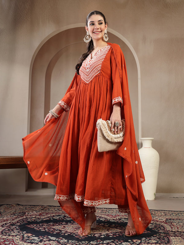 Kimayra Cotton Calf Length Solid 3/4 Sleeve Round Neck Flared Kurta Suit Set