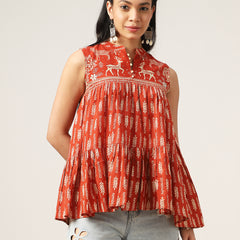 Kimayra Cotton Hip Length Printed Sleeveless Mandarin Collar Flared Top