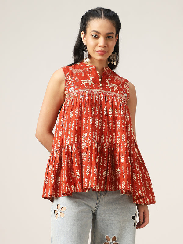 Kimayra Cotton Hip Length Printed Sleeveless Mandarin Collar Flared Top
