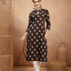Kimayra Rayon Calf Length Printed 3/4 Sleeve Key Hole Neck Straight Kurta