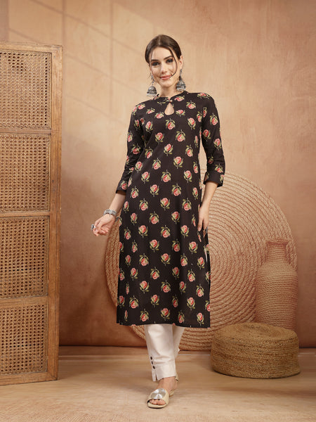 Kimayra Rayon Calf Length Printed 3/4 Sleeve Key Hole Neck Straight Kurta
