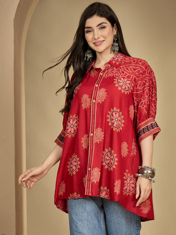 Kimayra Rayon Hip Length Printed 3/4 Sleeve Shirt Collar Flared Top