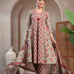 Kimayra Cotton Calf Length Printed 3/4 Sleeve V-Neck A-Line Kurta Suit Set