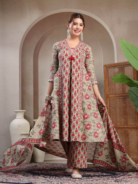 Kimayra Cotton Calf Length Printed 3/4 Sleeve V-Neck A-Line Kurta Suit Set