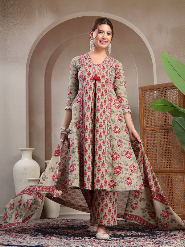 Kimayra Cotton Calf Length Printed 3/4 Sleeve V-Neck A-Line Kurta Suit Set