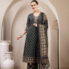 Kimayra Cotton Calf Length Printed 3/4 Sleeve V-Neck A-Line Kurta Suit Set