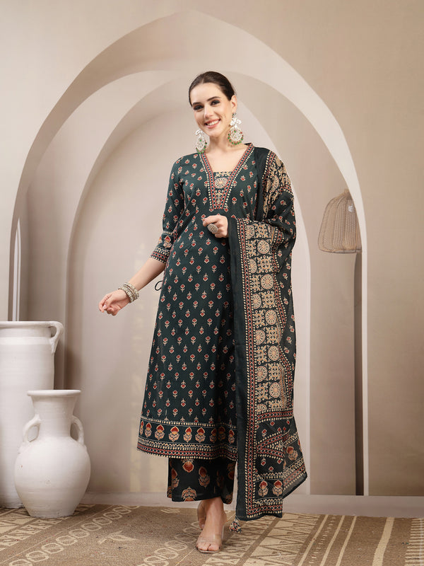 Kimayra Cotton Calf Length Printed 3/4 Sleeve V-Neck A-Line Kurta Suit Set