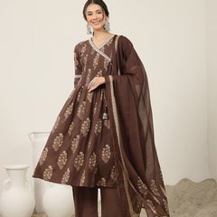 Kimayra Cotton Calf Length Printed 3/4 Sleeve V-Neck Flared Kurta Suit Set