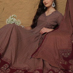 Kimayra Cotton Calf Length Printed 3/4 Sleeves V-Neck Anarkali Kurta Suit Set