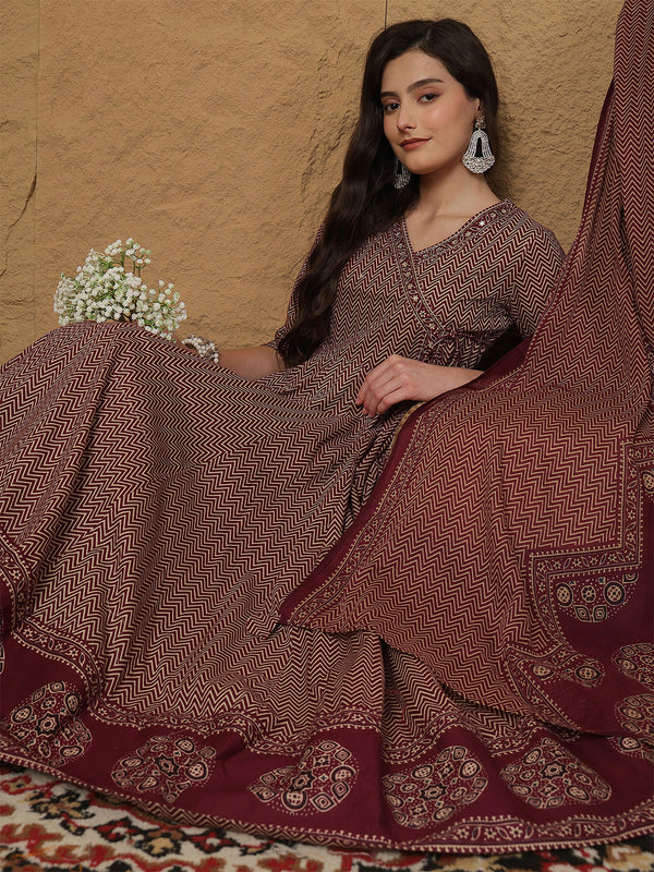 Kimayra Cotton Calf Length Printed 3/4 Sleeves V-Neck Anarkali Kurta Suit Set