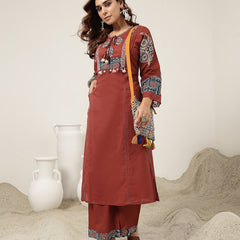 Kimayra Cotton Calf Length Solid 3/4 Sleeve Round Neck Straight Kurta Suit Set