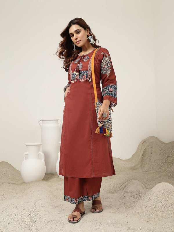 Kimayra Cotton Calf Length Solid 3/4 Sleeve Round Neck Straight Kurta Suit Set