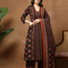 Kimayra Cotton Calf Length Printed 3/4 Sleeve V-Neck Flared Kurta Suit Set