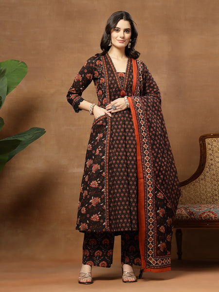 Kimayra Cotton Calf Length Printed 3/4 Sleeve V-Neck Flared Kurta Suit Set