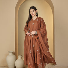 Kimayra Chanderi Calf Length Solid 3/4 Sleeves V-Neck Flared Kurta Suit Set