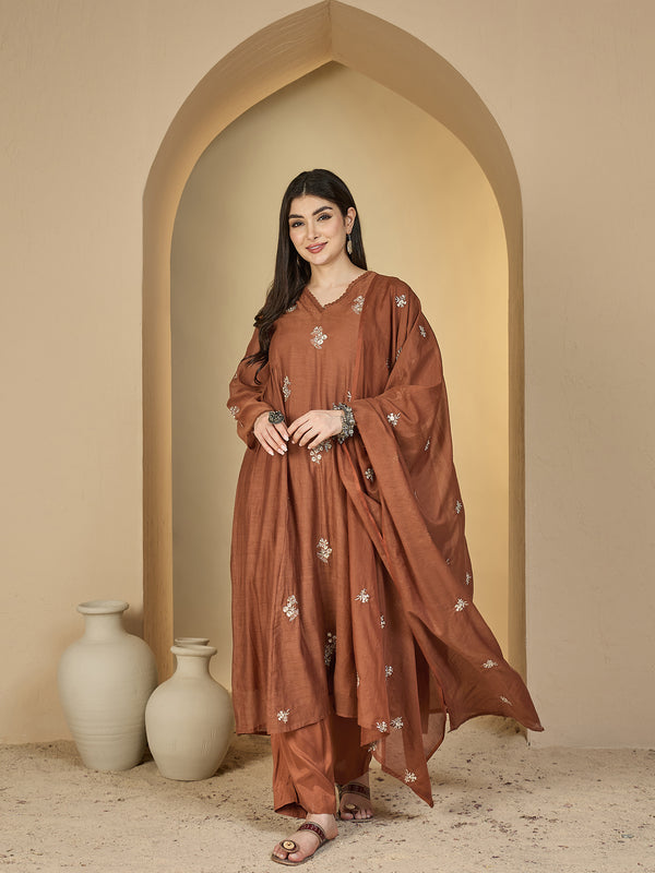 Kimayra Chanderi Calf Length Solid 3/4 Sleeves V-Neck Flared Kurta Suit Set