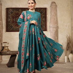 Kimayra Cotton Calf Length Printed 3/4 Sleeve Round Neck Flared Kurta Suit Set