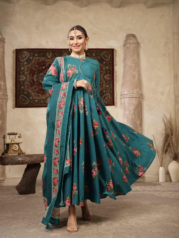 Kimayra Cotton Calf Length Printed 3/4 Sleeve Round Neck Flared Kurta Suit Set