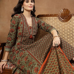 Kimayra Cotton Calf Length Printed 3/4 Sleeve V-Neck Flared Kurta Suit Set