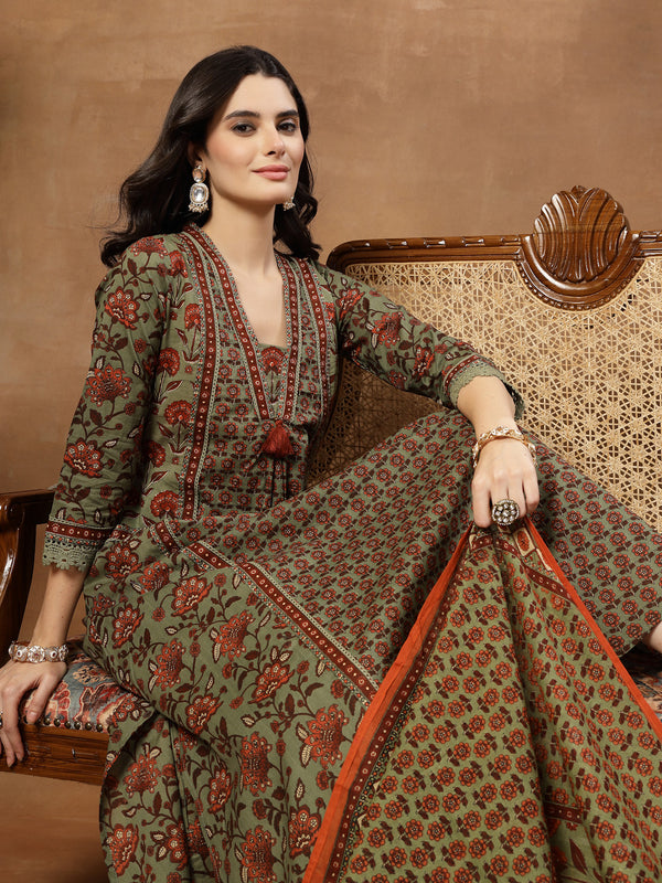 Kimayra Cotton Calf Length Printed 3/4 Sleeve V-Neck Flared Kurta Suit Set