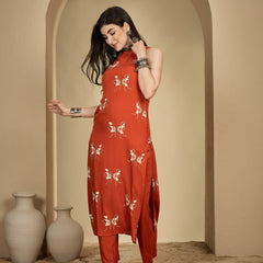 Kimayra Rayon Calf Length Printed Sleeveless Round Neck A-Line Kurta Suit Set