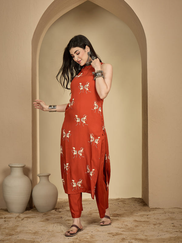 Kimayra Rayon Calf Length Printed Sleeveless Round Neck A-Line Kurta Suit Set