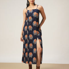Kimayra Cotton Calf Length Printed Sleeveless Square Neck Straight Dress