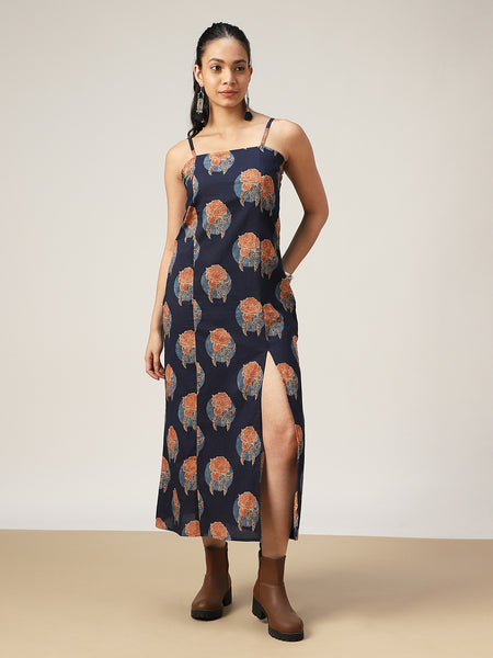 Kimayra Cotton Calf Length Printed Sleeveless Square Neck Straight Dress