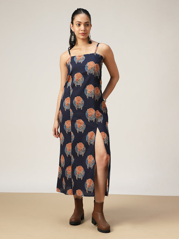 Kimayra Cotton Calf Length Printed Sleeveless Square Neck Straight Dress
