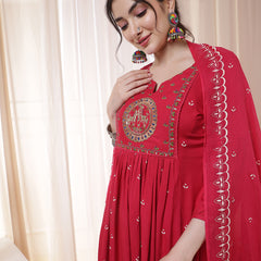 Kimayra Rayon Calf Length Printed 3/4 Sleeves Round Neck Flared Kurta Suit Set