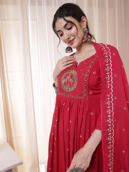Kimayra Rayon Calf Length Printed 3/4 Sleeves Round Neck Flared Kurta Suit Set
