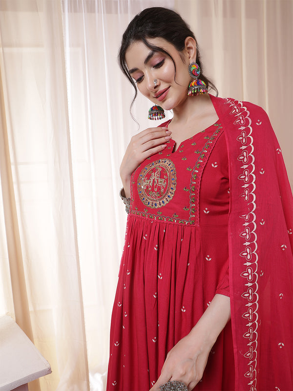 Kimayra Rayon Calf Length Printed 3/4 Sleeves Round Neck Flared Kurta Suit Set