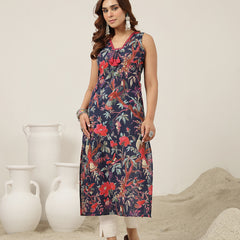 Kimayra Cotton Calf Length Printed Sleeveless V-Neck Straight Kurta