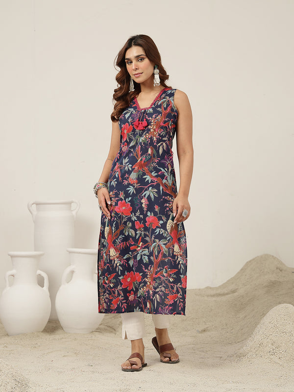 Kimayra Cotton Calf Length Printed Sleeveless V-Neck Straight Kurta