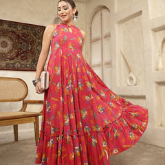 Kimayra Cotton Calf Length Printed Sleeveless Key Hole Neck Flared Kurta