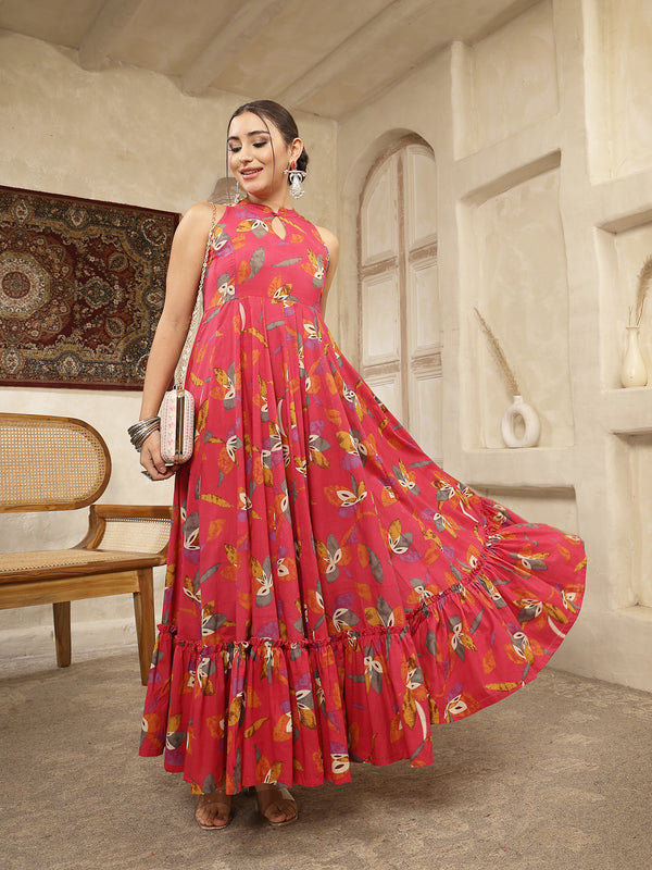 Kimayra Cotton Calf Length Printed Sleeveless Key Hole Neck Flared Kurta