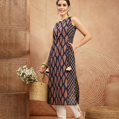 Kimayra Rayon Calf Length Printed Sleeveless Round Neck Straight Kurta