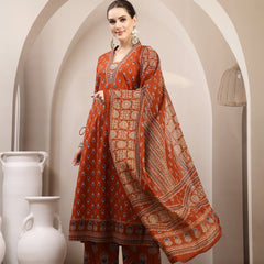 Kimayra Cotton Calf Length Printed 3/4 Sleeve V-Neck A-Line Kurta Suit Set