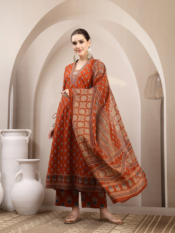 Kimayra Cotton Calf Length Printed 3/4 Sleeve V-Neck A-Line Kurta Suit Set