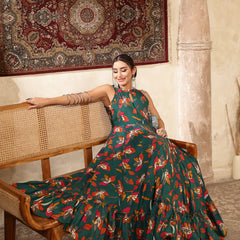 Kimayra Cotton Calf Length Printed Sleeveless Key Hole Neck Flared Kurta